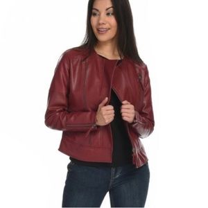 Pamela McCoy Faux Leather Moto Jacket Maroon Zipper Detailed XS NWOT